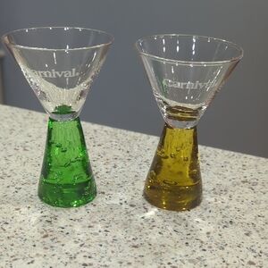Carnival Etched Glass Hourglass Shot Glasses - Green & Amber Yellow
